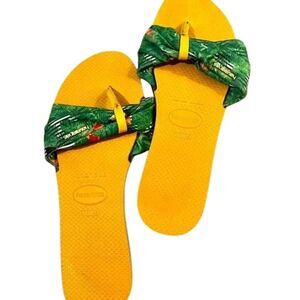 Tropical Print Bow Slide Sandals with Yellow Sole‎ Summer Beach Flip Flops